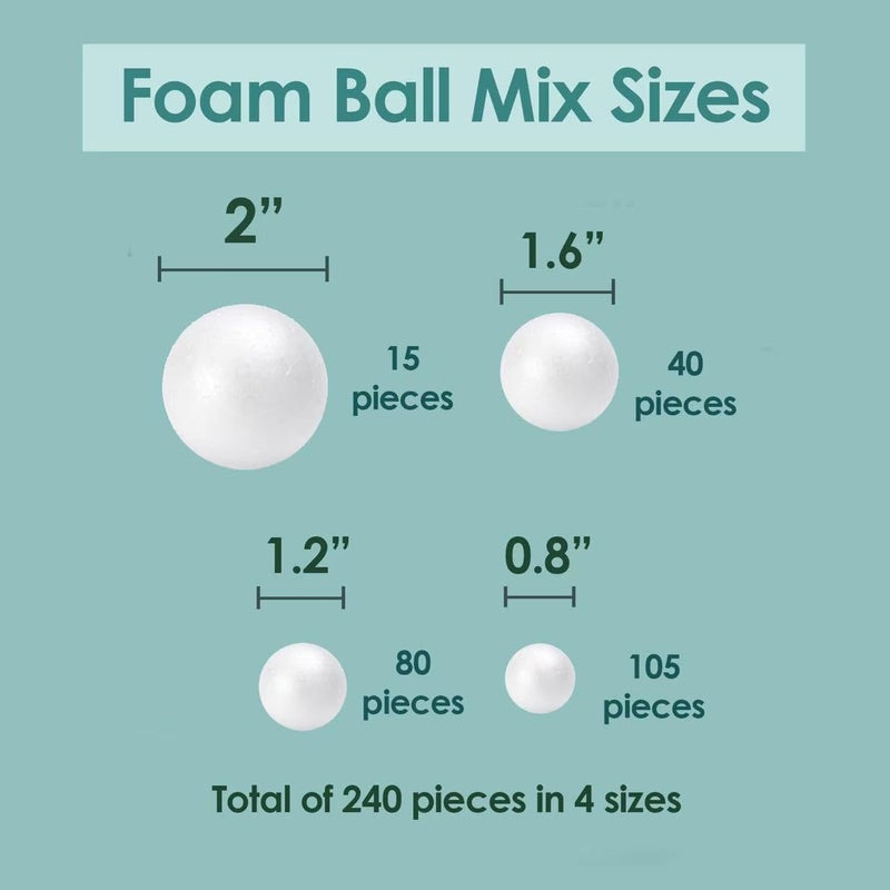 EVER SHINE 240 Pack Craft Foam Ball, White Smooth Craft Foam Polystyrene Balls for DIY Craft and Art School Project Sizes: .8’’, 1.2’’, 1.6’’, 2’’ - Image 2